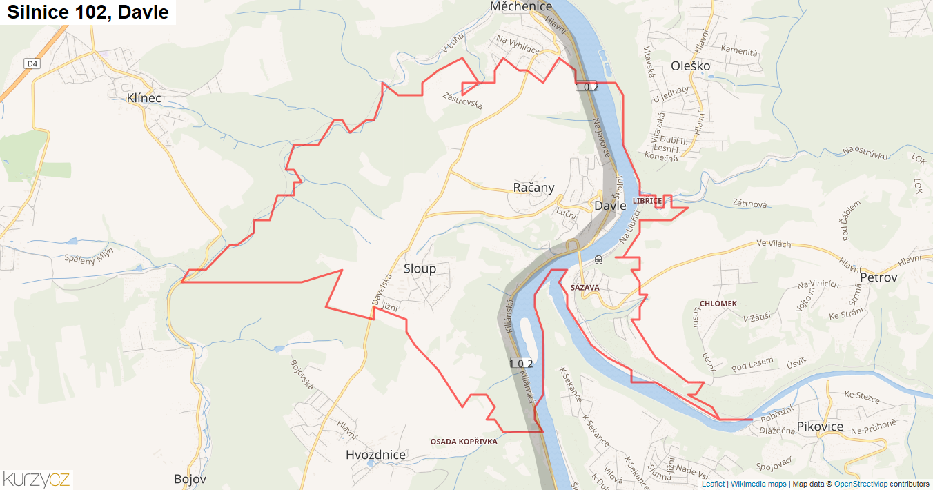 Davle, Silnice 102 - Mapa