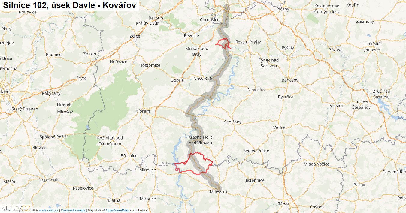 Úsek Davle - Kovářov, Silnice 102 - Mapa