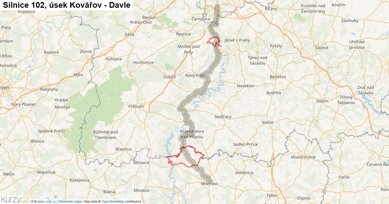 Úsek Kovářov - Davle, Silnice 102 - Mapa