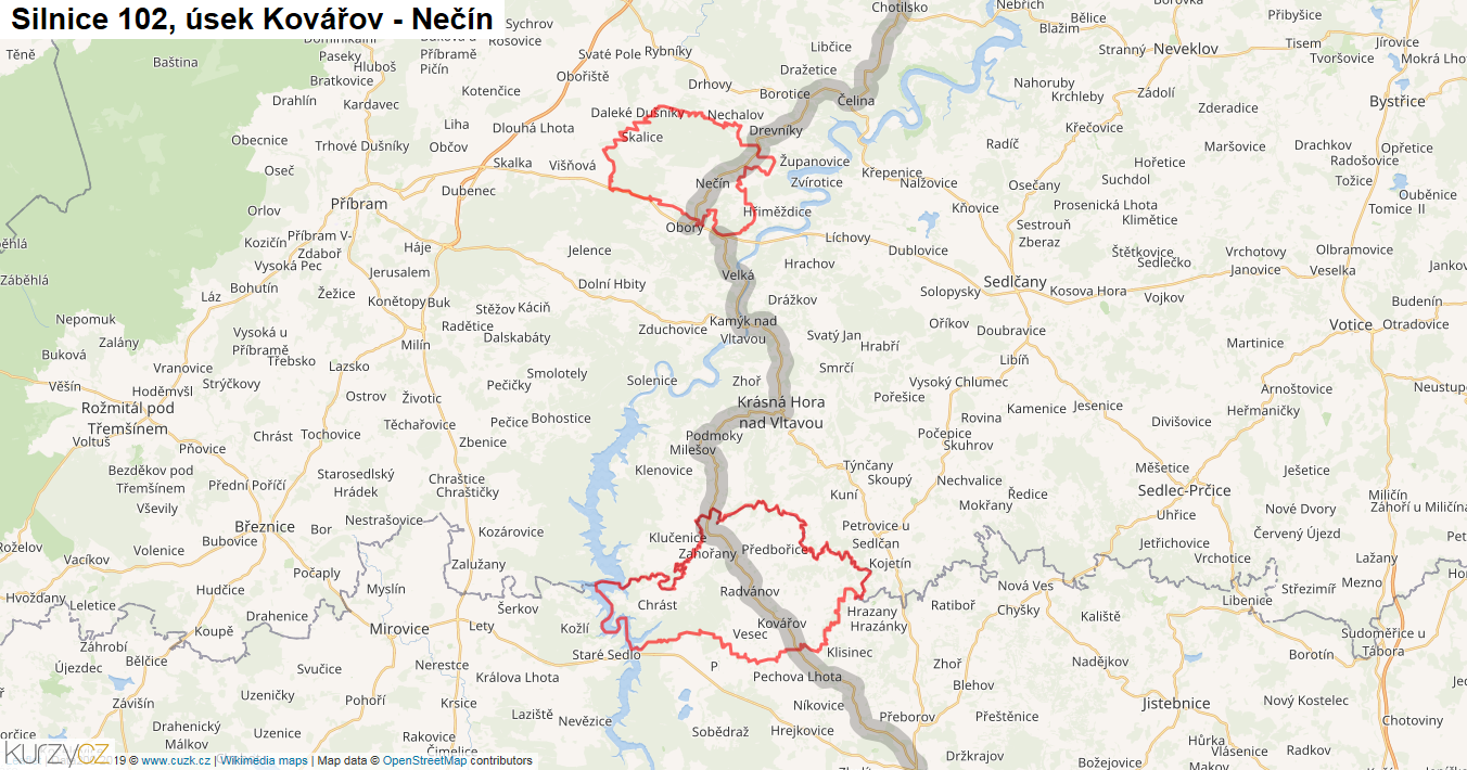 Úsek Kovářov - Nečín, Silnice 102 - Mapa