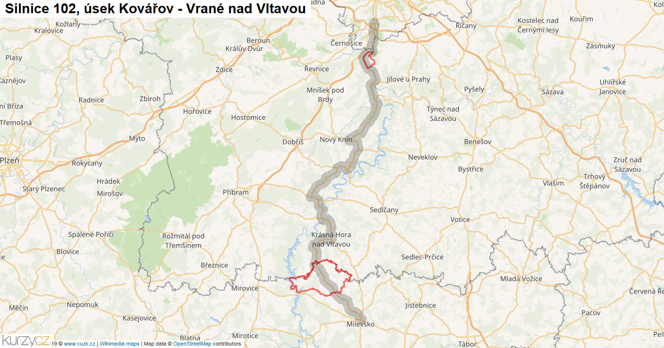Úsek Kovářov - Vrané nad Vltavou, Silnice 102 - Mapa