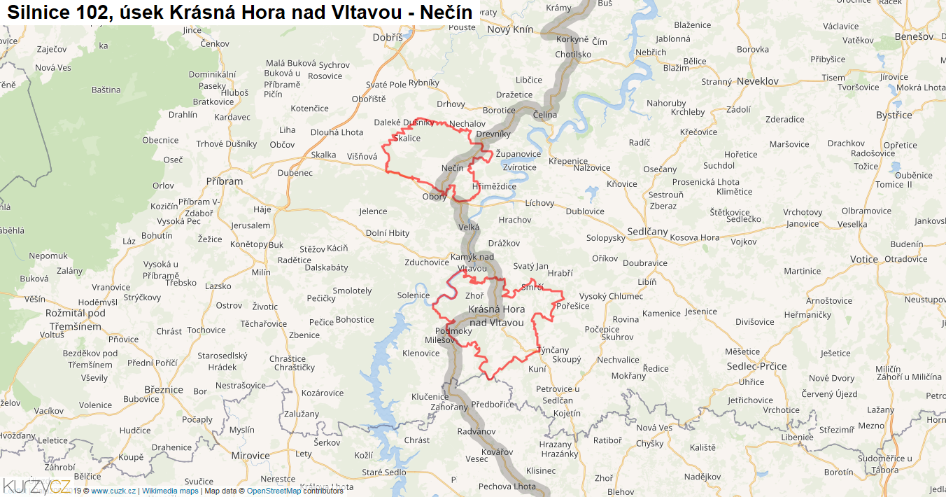 Úsek Krásná Hora nad Vltavou - Nečín, Silnice 102 - Mapa