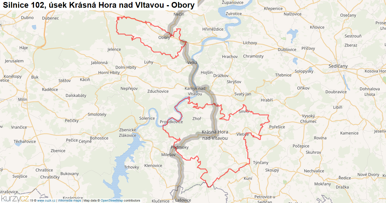 Úsek Krásná Hora nad Vltavou - Obory, Silnice 102 - Mapa