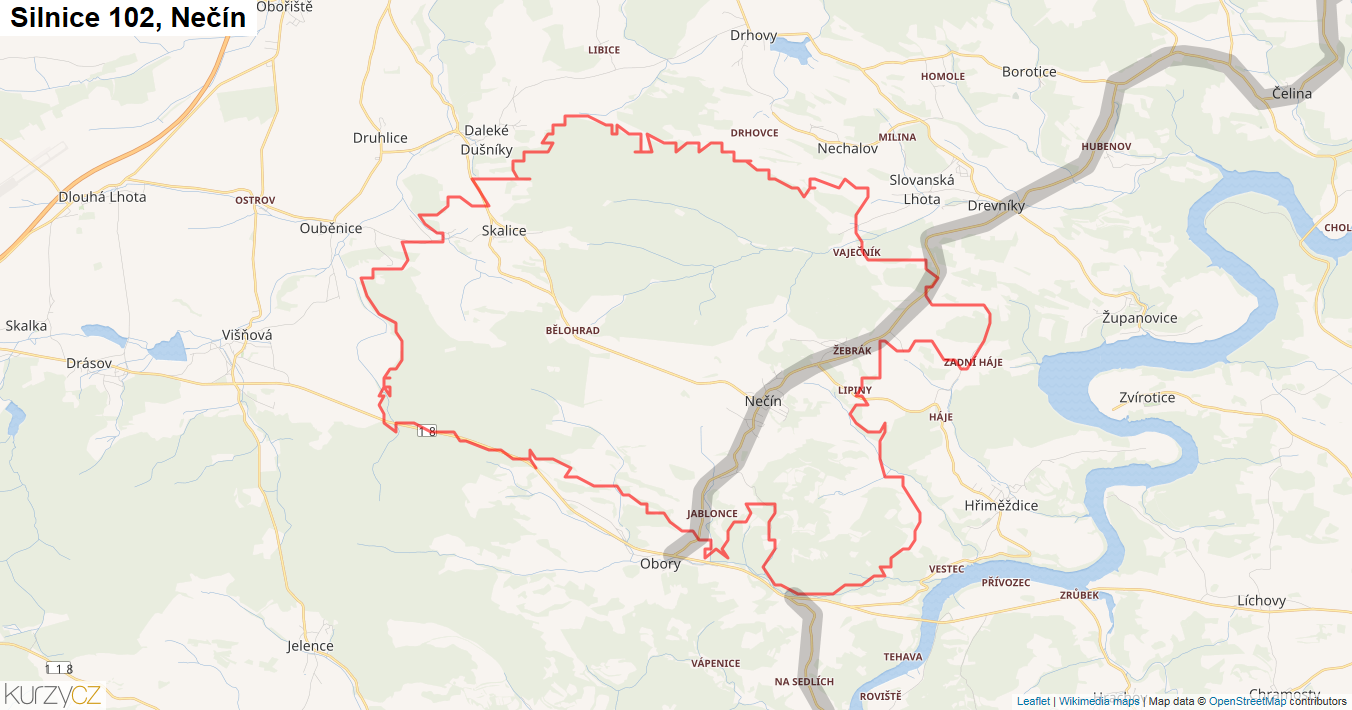 Nečín, Silnice 102 - Mapa