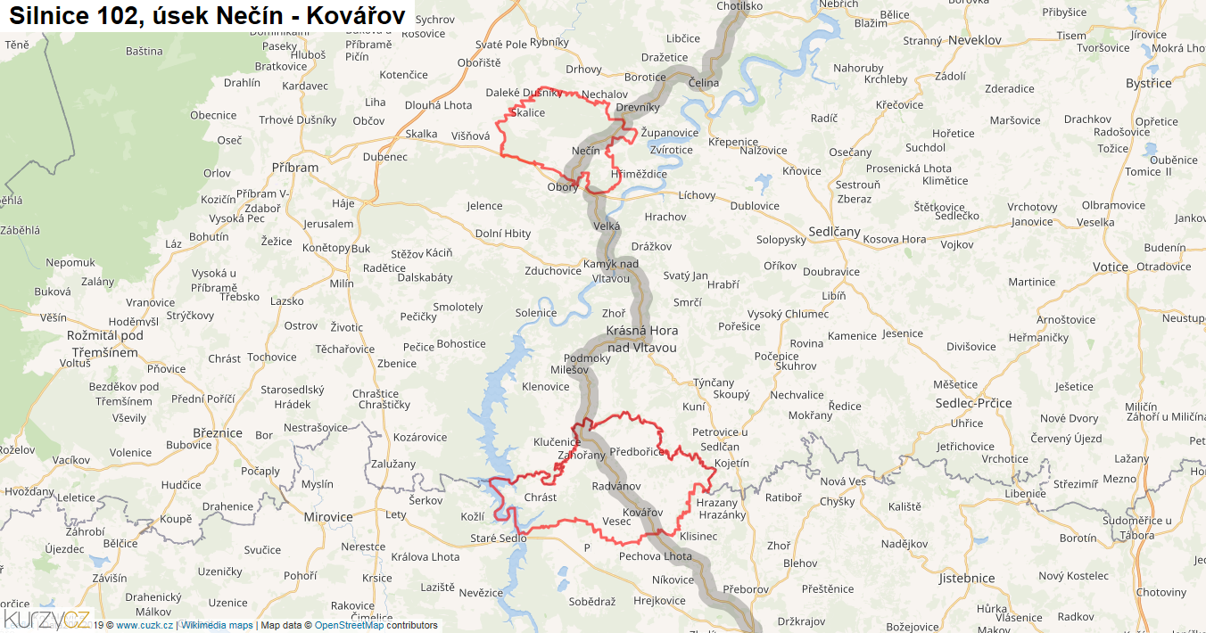 Úsek Nečín - Kovářov, Silnice 102 - Mapa