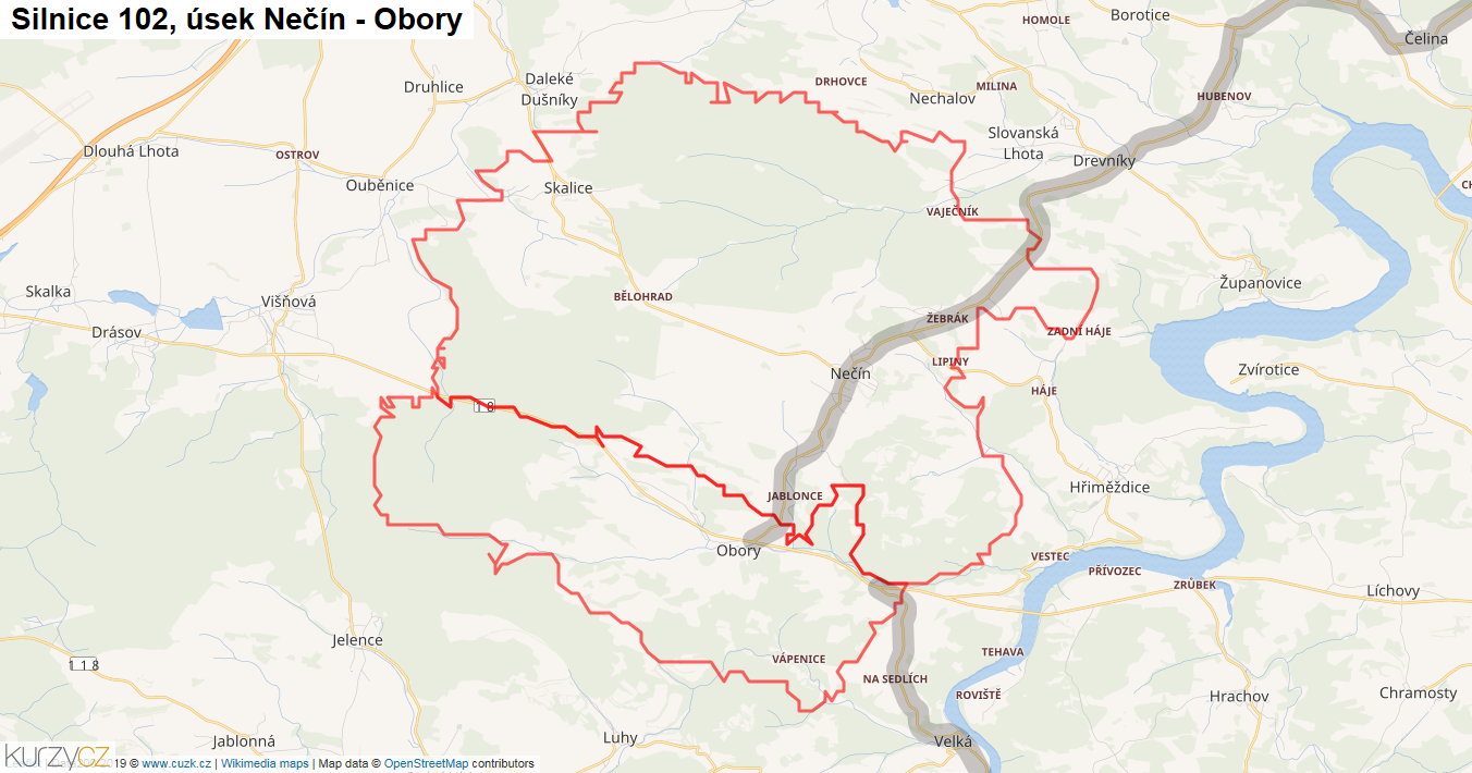 Úsek Nečín - Obory, Silnice 102 - Mapa