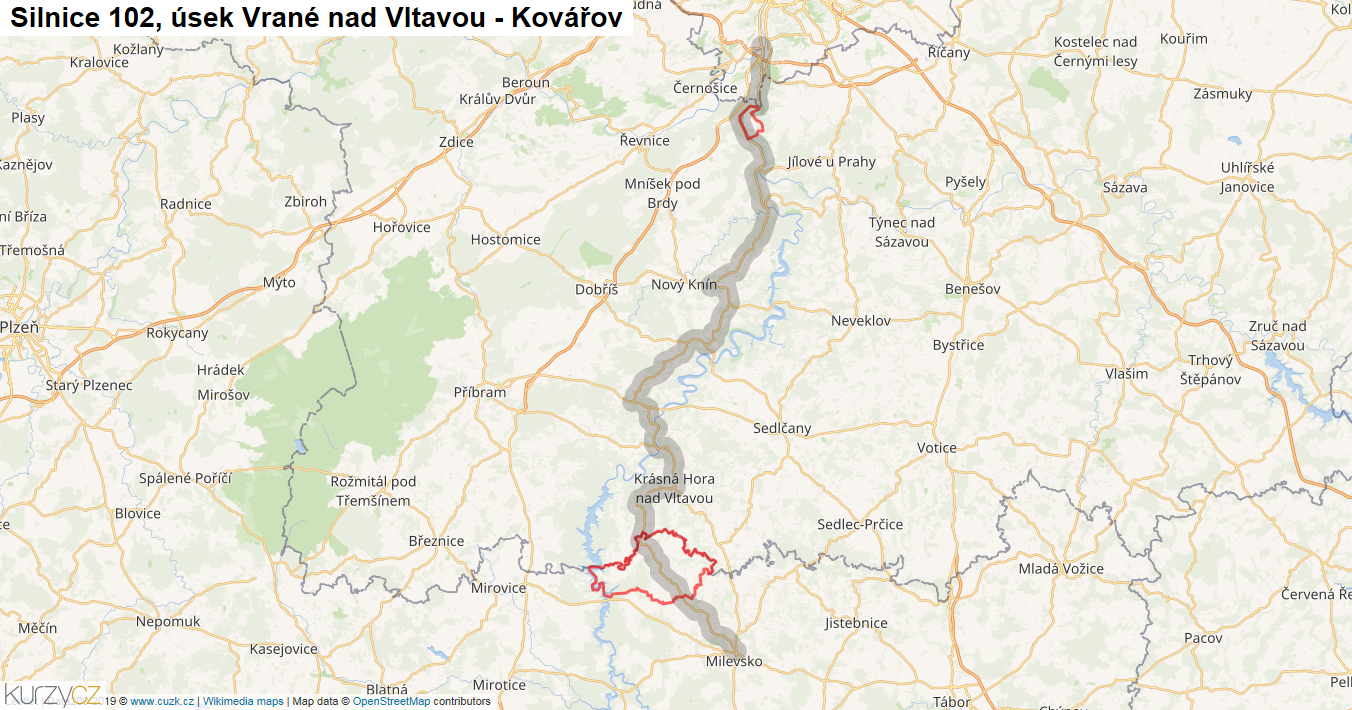 Úsek Vrané nad Vltavou - Kovářov, Silnice 102 - Mapa