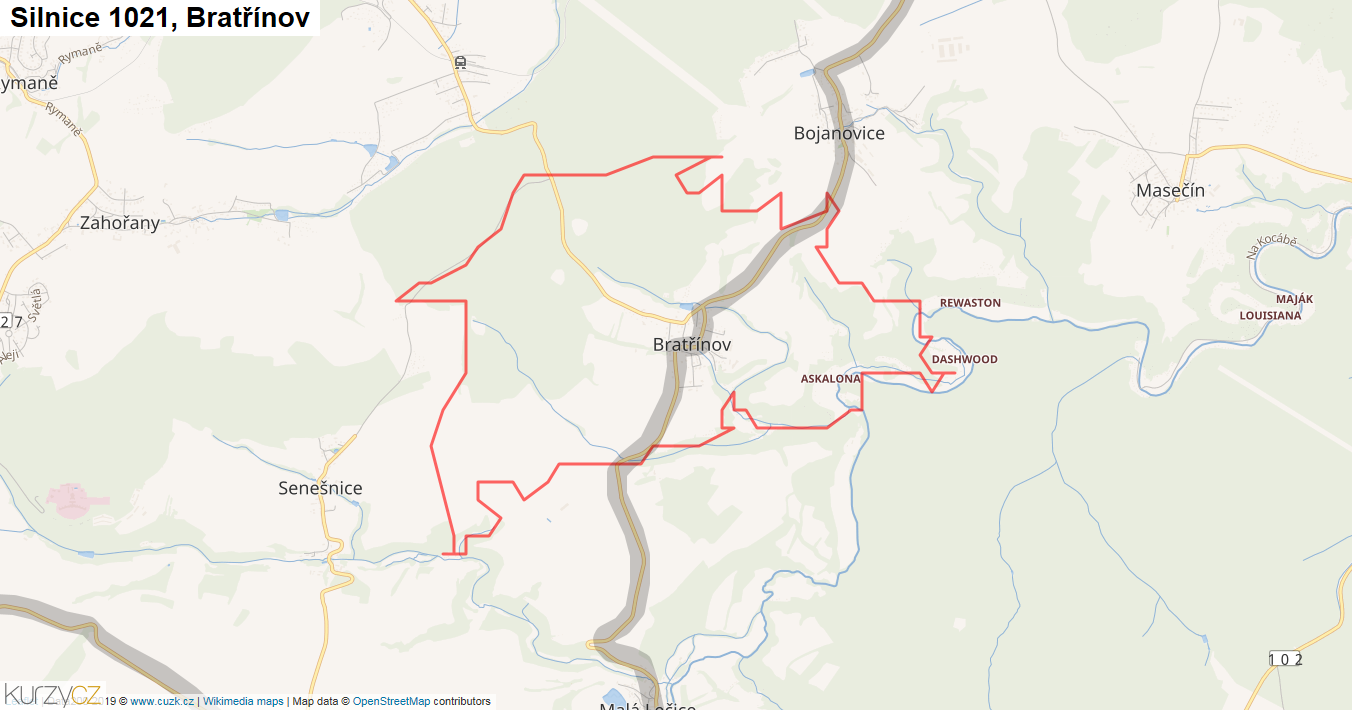 Bratřínov, Silnice 1021 - Mapa