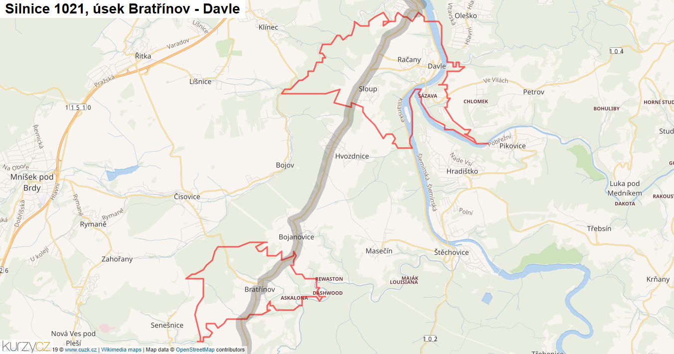 Úsek Bratřínov - Davle, Silnice 1021 - Mapa