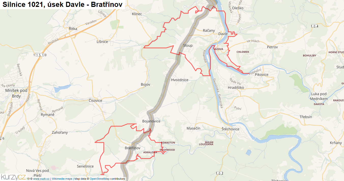 Úsek Davle - Bratřínov, Silnice 1021 - Mapa