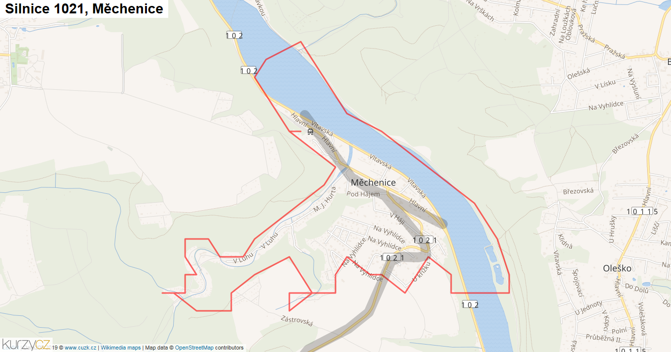 Měchenice, Silnice 1021 - Mapa