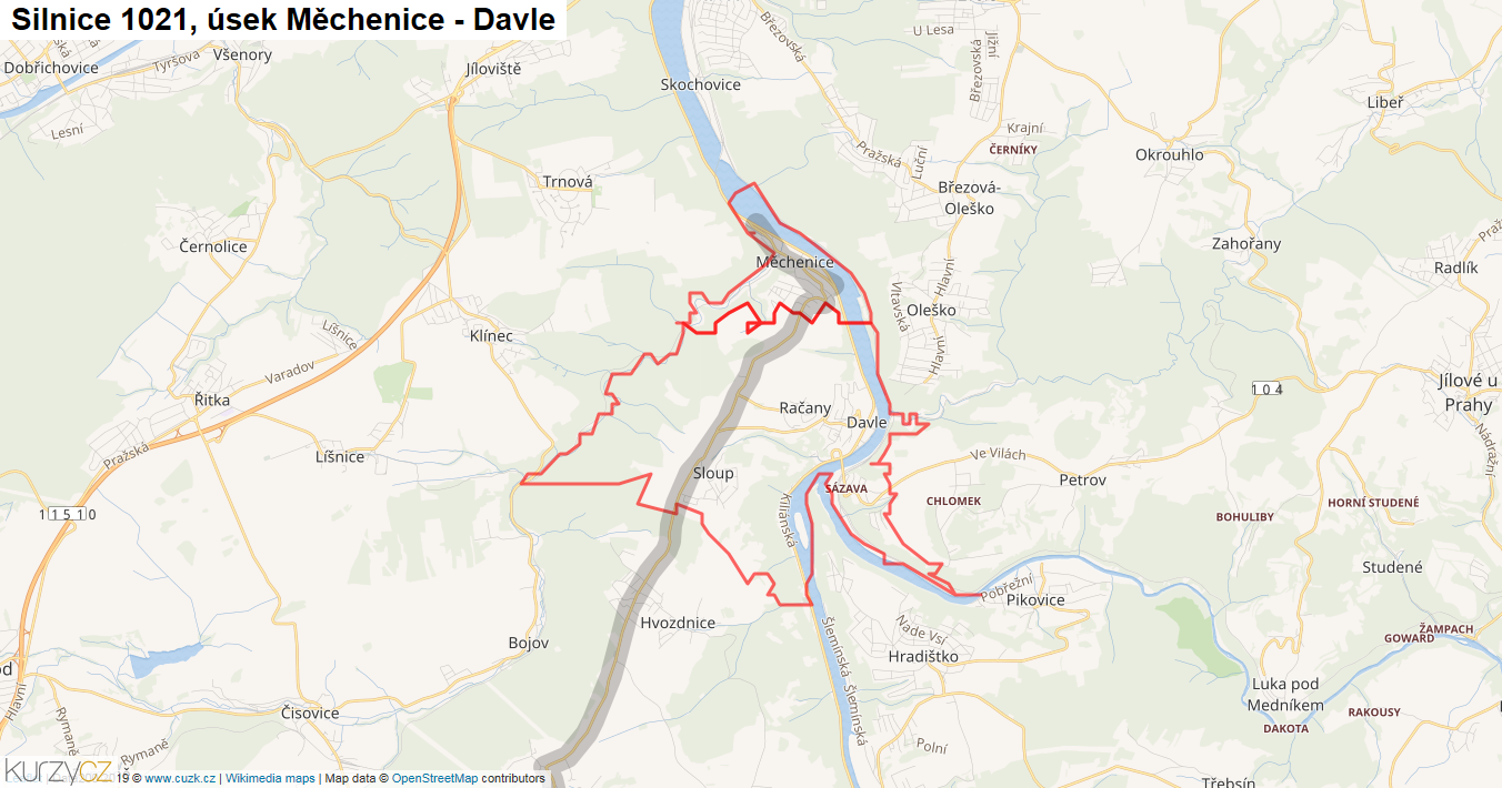 Úsek Měchenice - Davle, Silnice 1021 - Mapa