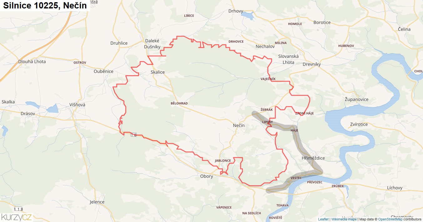 Nečín, Silnice 10225 - Mapa
