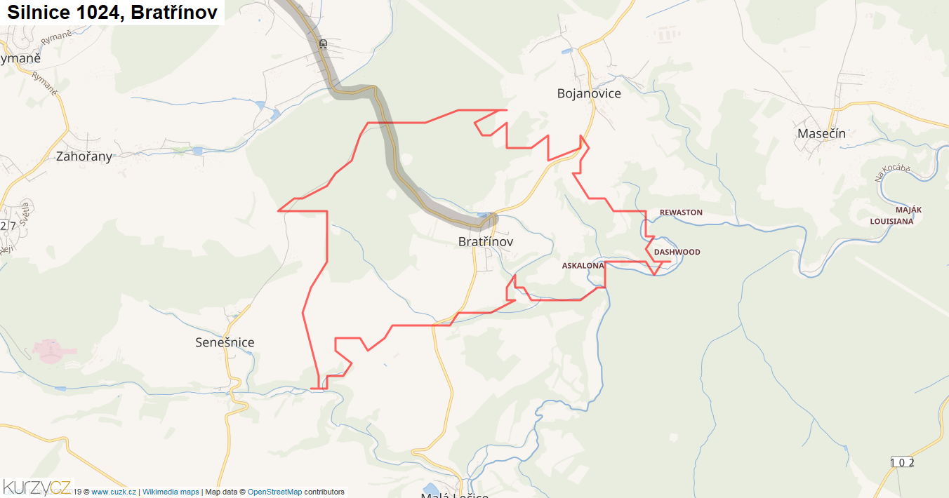 Bratřínov, Silnice 1024 - Mapa