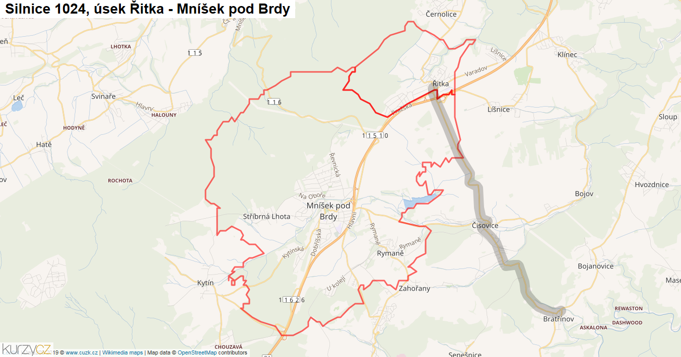 Úsek Řitka - Mníšek pod Brdy, Silnice 1024 - Mapa