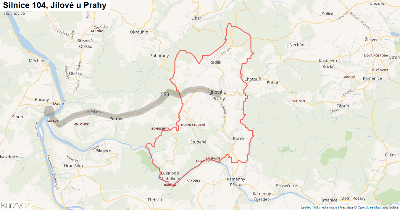 Jílové u Prahy, Silnice 104 - Mapa