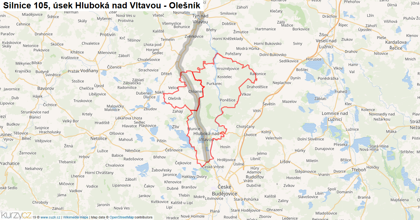Úsek Hluboká nad Vltavou - Olešník, Silnice 105 - Mapa
