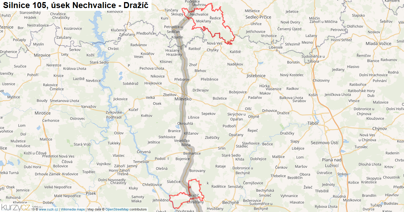 Úsek Nechvalice - Dražíč, Silnice 105 - Mapa