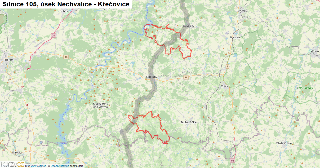 Úsek Nechvalice - Křečovice, Silnice 105 - Mapa