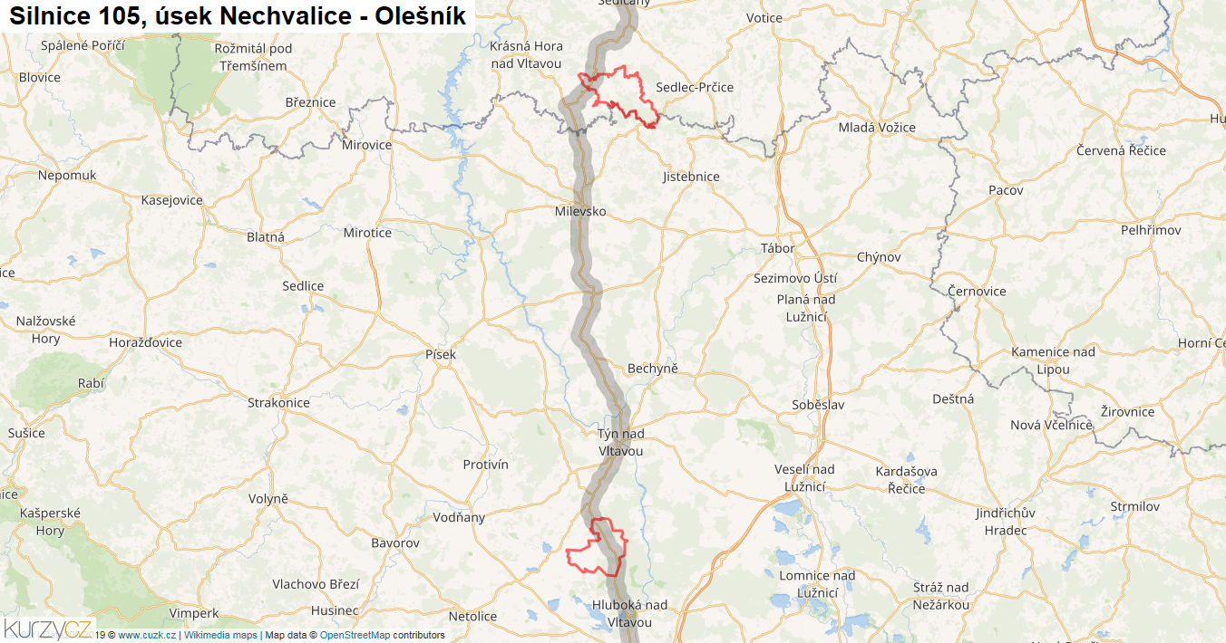 Úsek Nechvalice - Olešník, Silnice 105 - Mapa