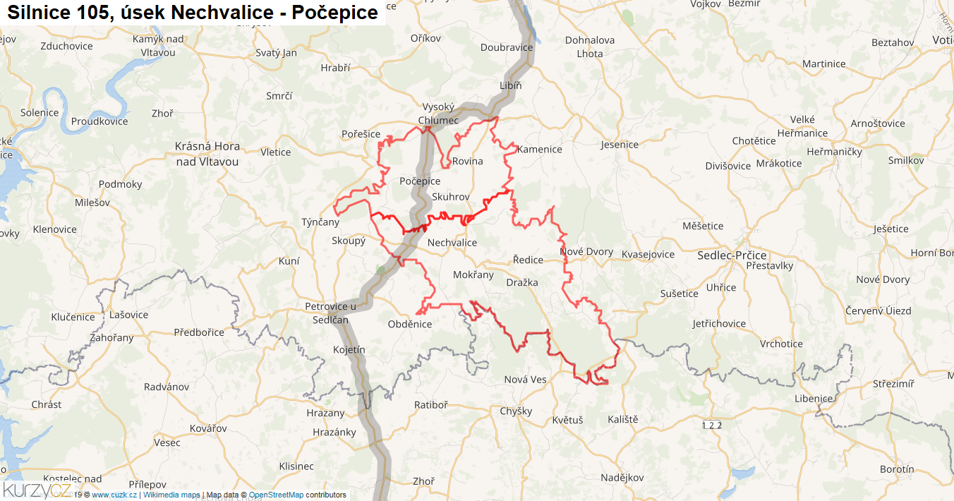 Úsek Nechvalice - Počepice, Silnice 105 - Mapa