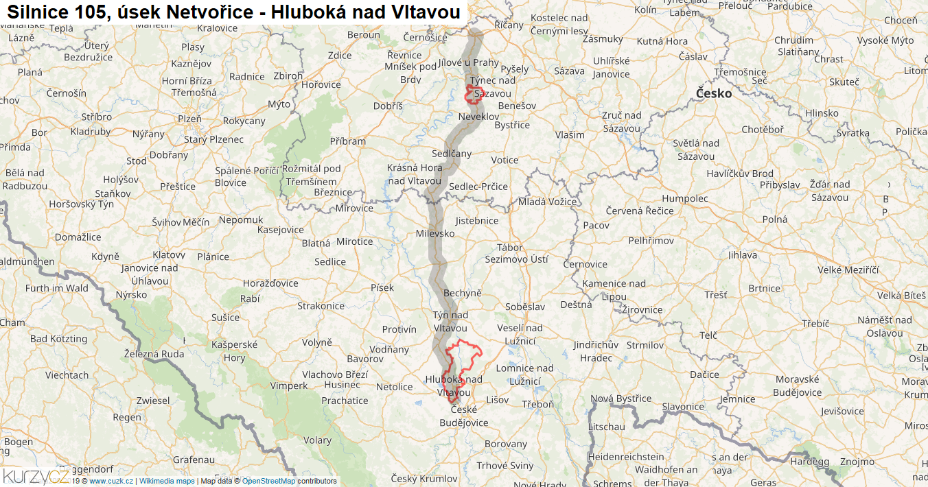 Úsek Netvořice - Hluboká nad Vltavou, Silnice 105 - Mapa