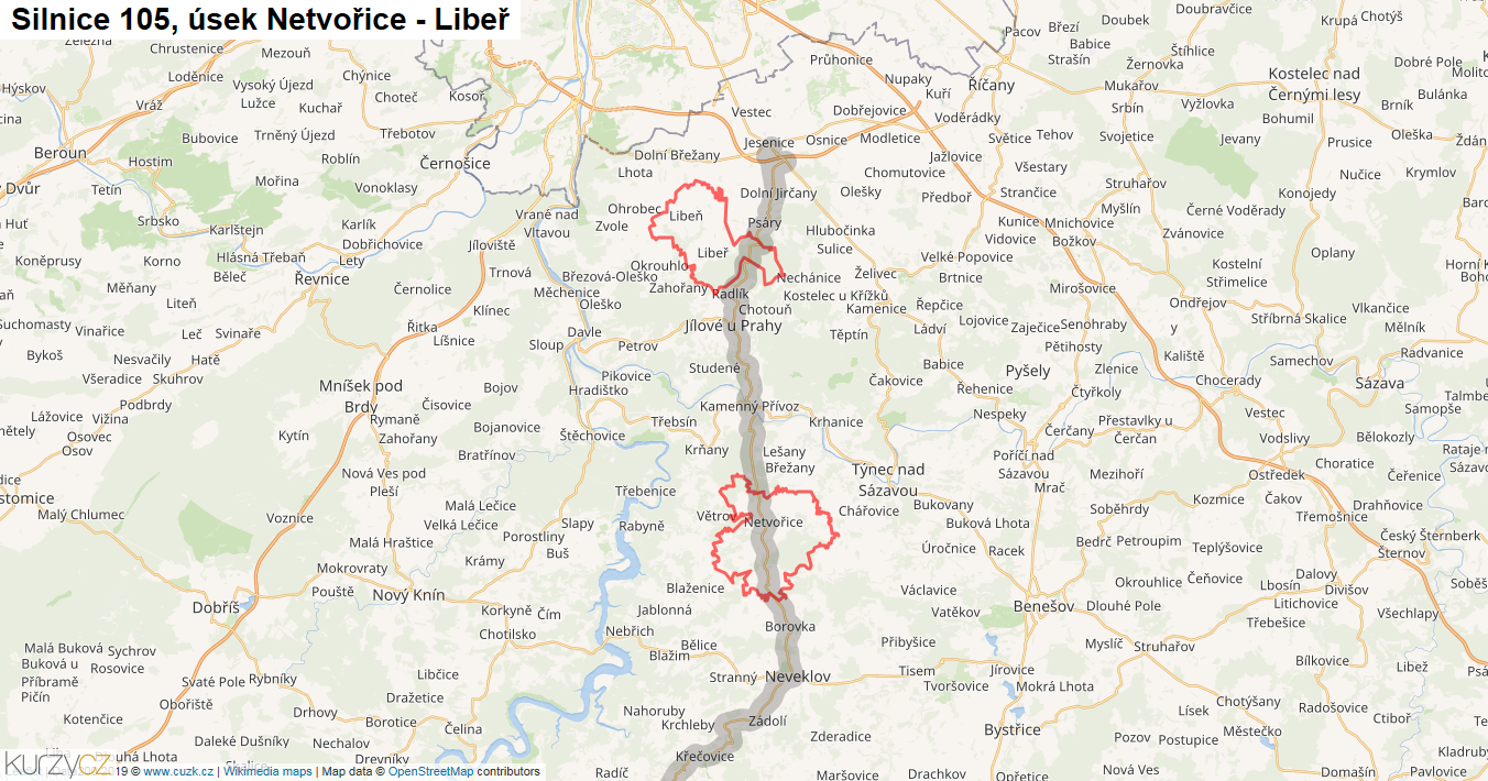 Úsek Netvořice - Libeř, Silnice 105 - Mapa