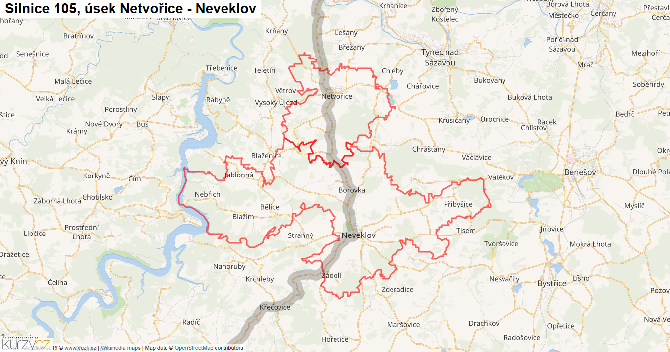 Úsek Netvořice - Neveklov, Silnice 105 - Mapa