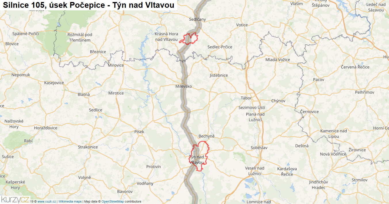 Úsek Počepice - Týn nad Vltavou, Silnice 105 - Mapa