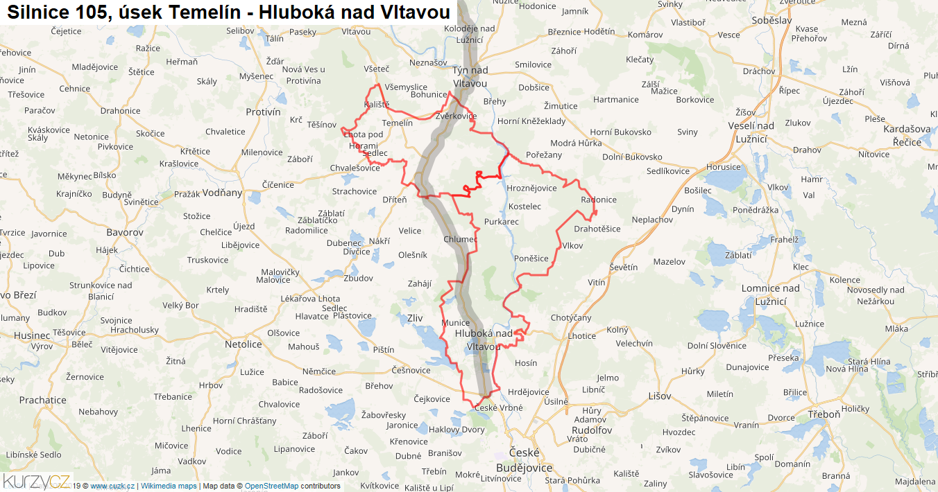 Úsek Temelín - Hluboká nad Vltavou, Silnice 105 - Mapa