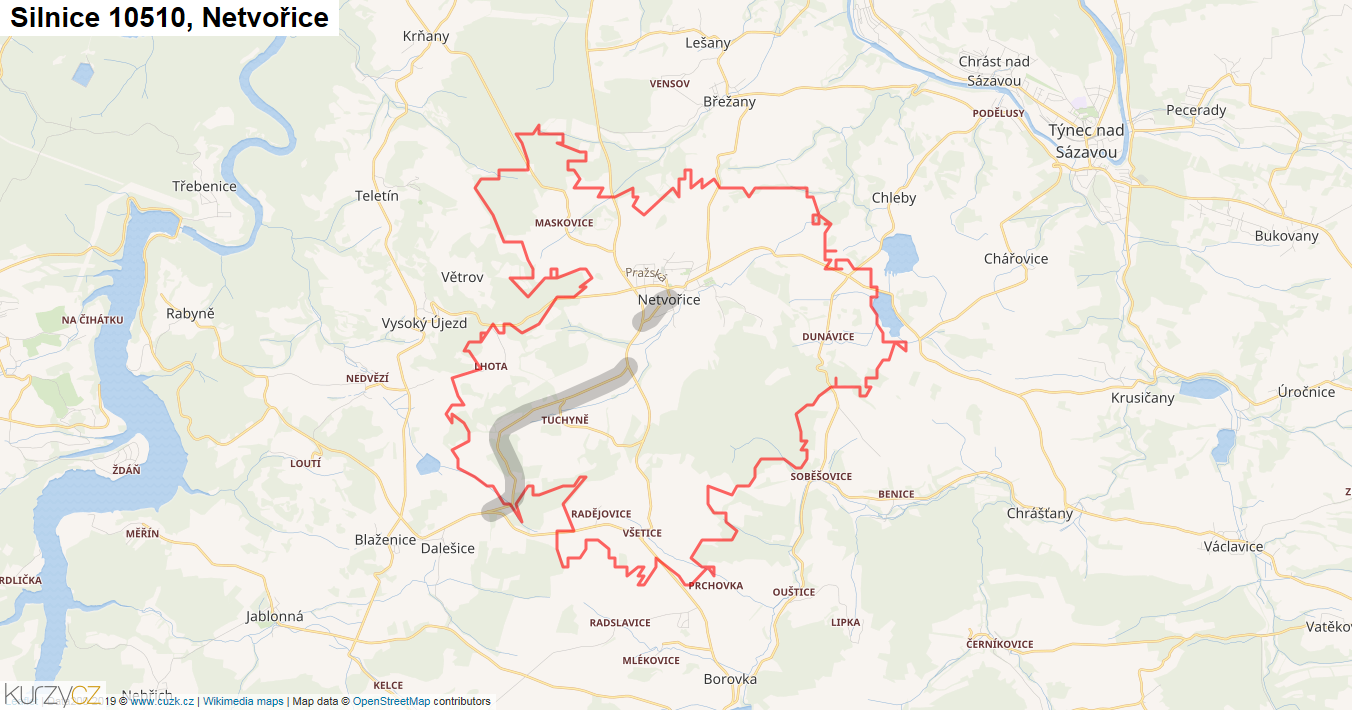Netvořice, Silnice 10510 - Mapa