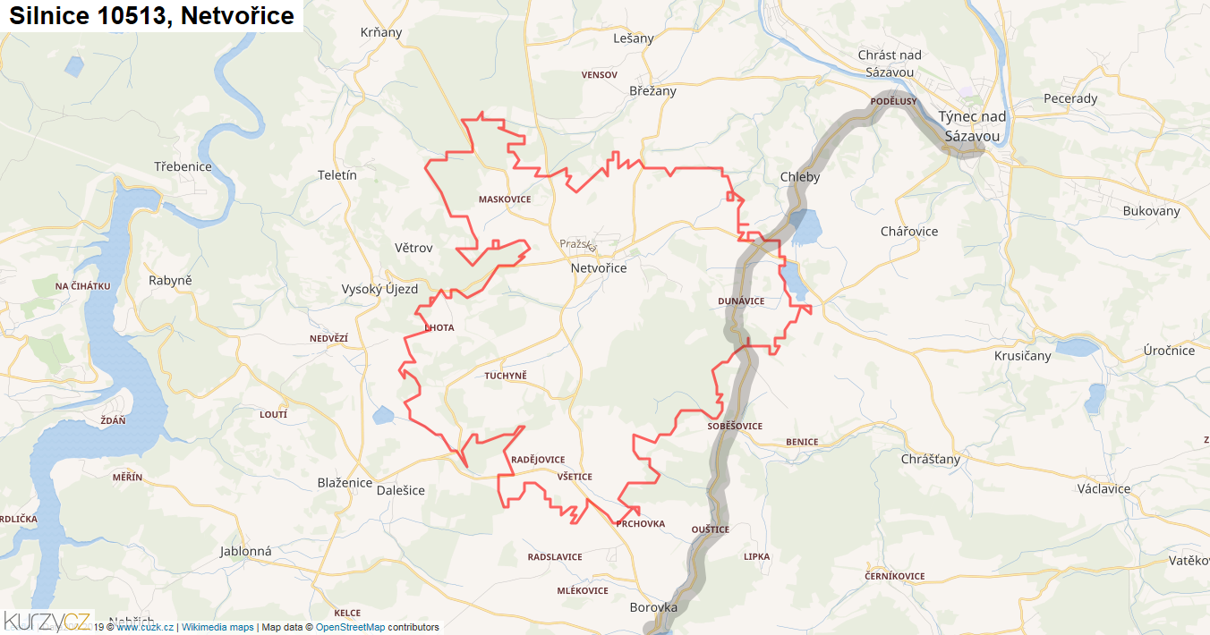 Netvořice, Silnice 10513 - Mapa