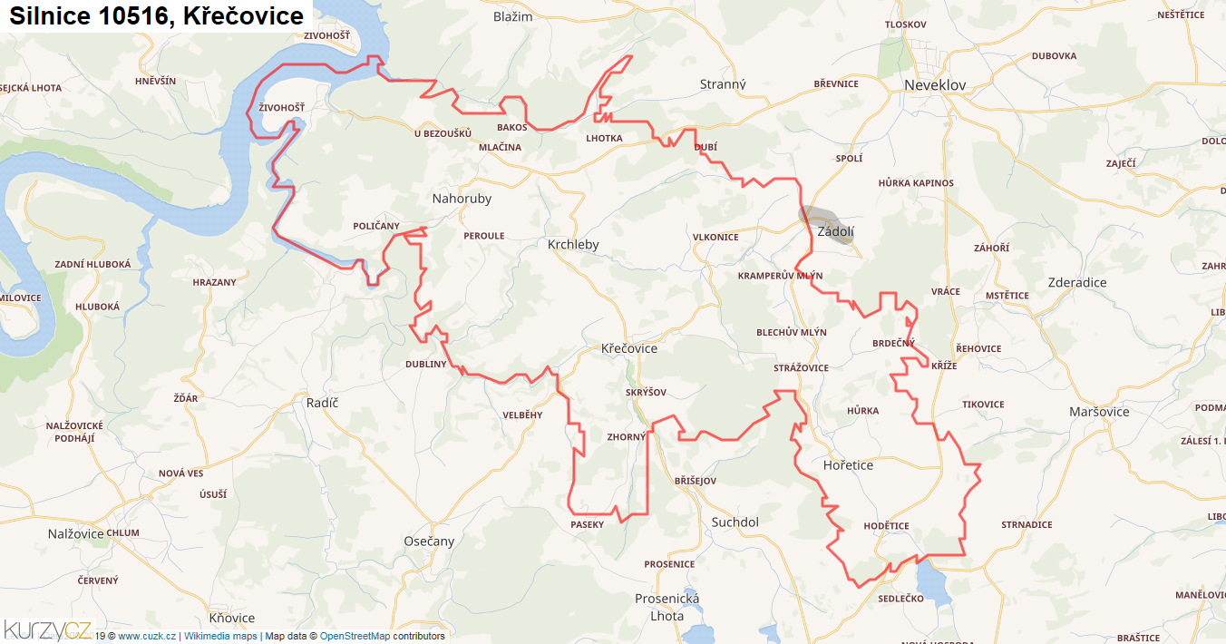 Křečovice, Silnice 10516 - Mapa