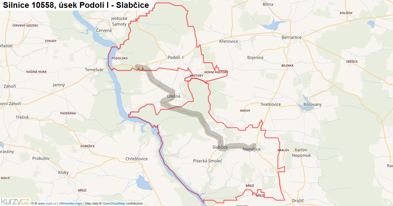Úsek Podolí I - Slabčice, Silnice 10558 - Mapa