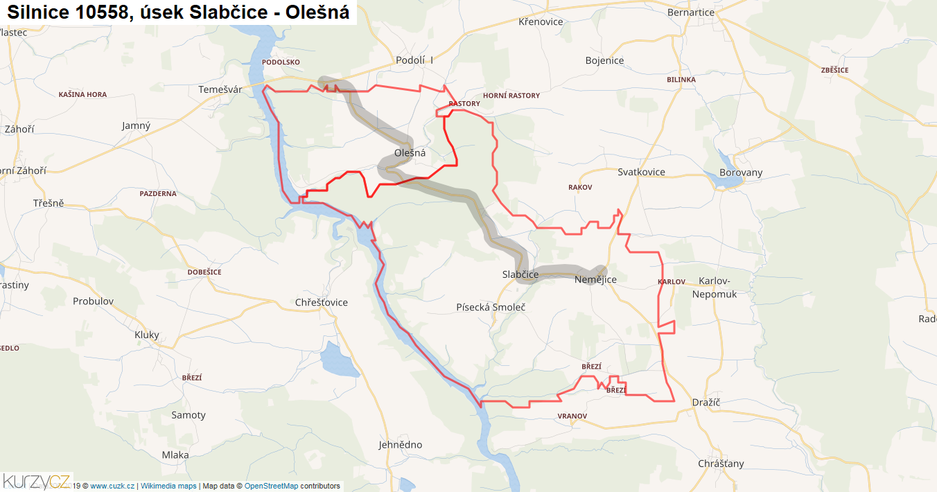 Úsek Slabčice - Olešná, Silnice 10558 - Mapa