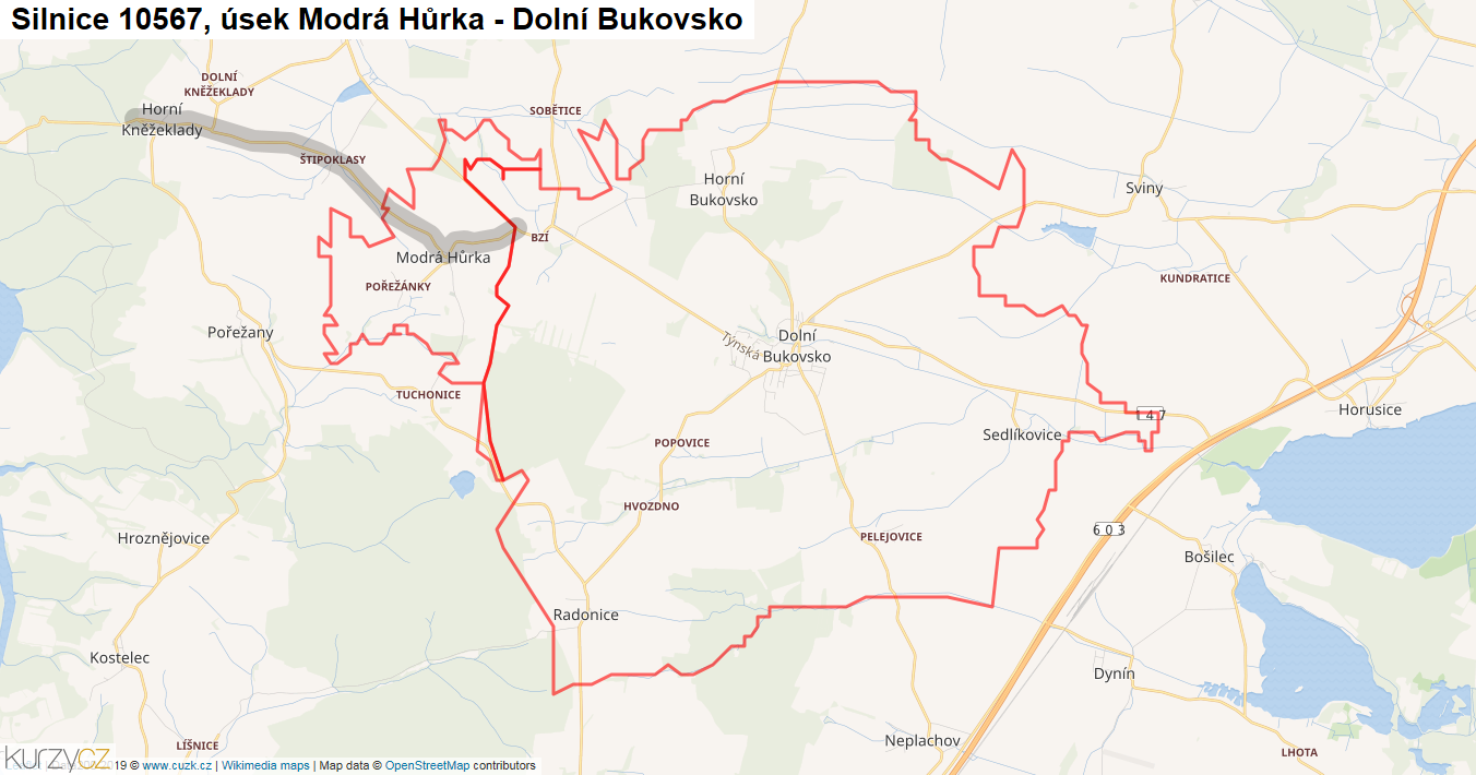 Úsek Modrá Hůrka - Dolní Bukovsko, Silnice 10567 - Mapa