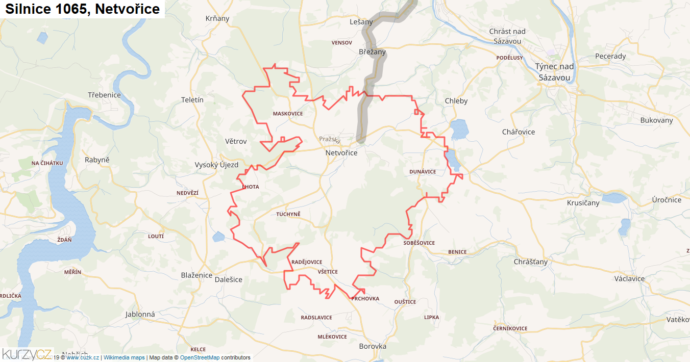 Netvořice, Silnice 1065 - Mapa