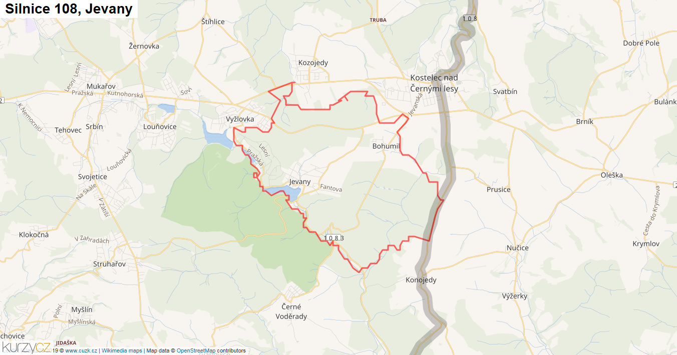 Jevany, Silnice 108 - Mapa