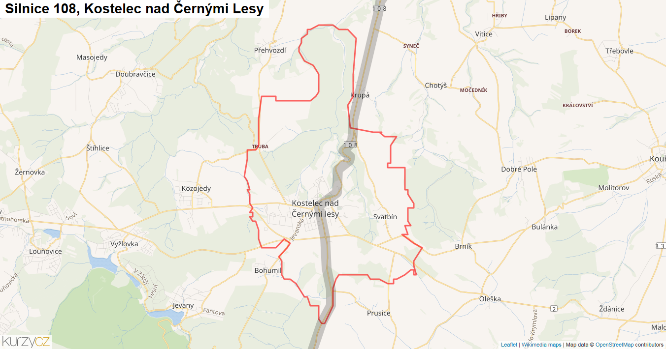 Kostelec nad Černými lesy, Silnice 108 - Mapa