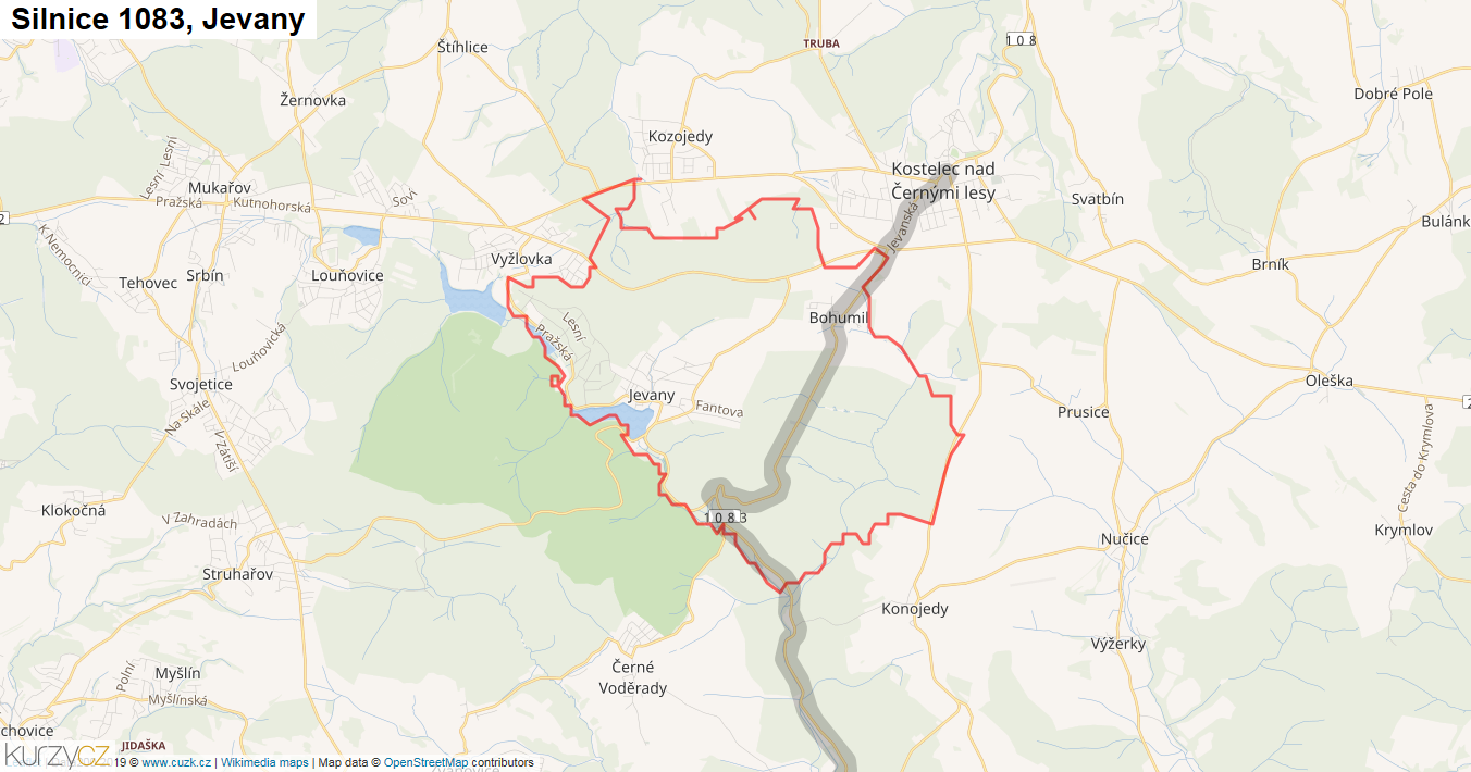 Jevany, Silnice 1083 - Mapa
