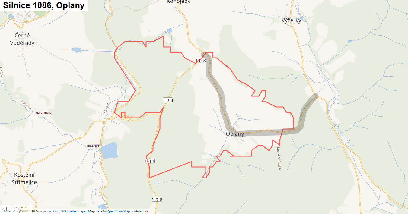 Oplany, Silnice 1086 - Mapa