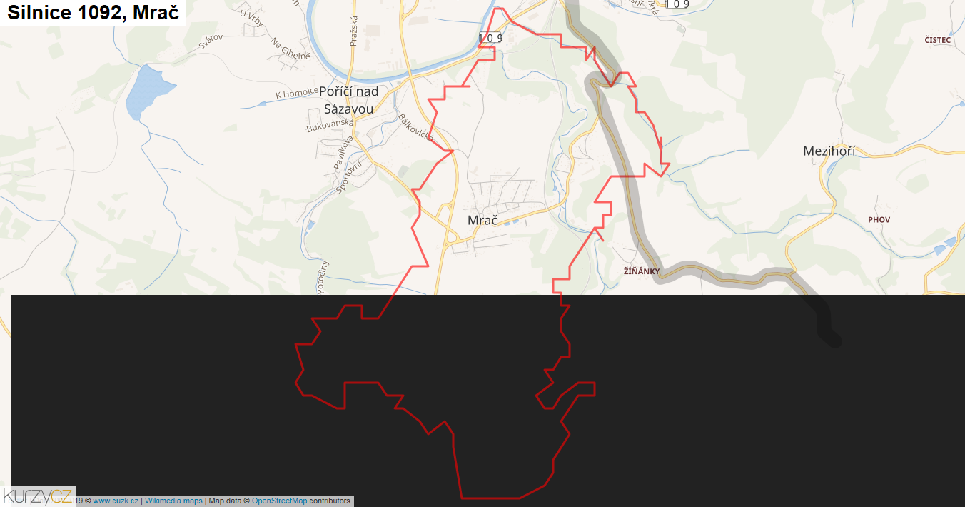 Mrač, Silnice 1092 - Mapa