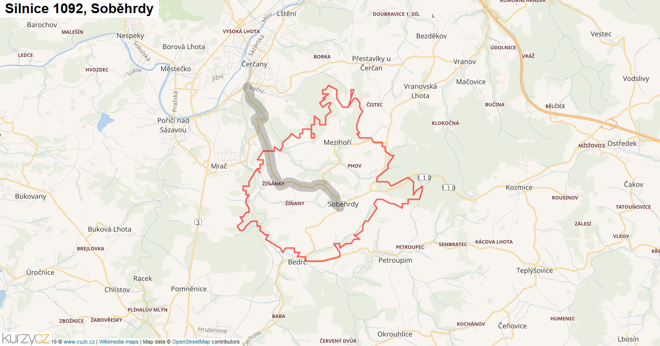 Soběhrdy, Silnice 1092 - Mapa