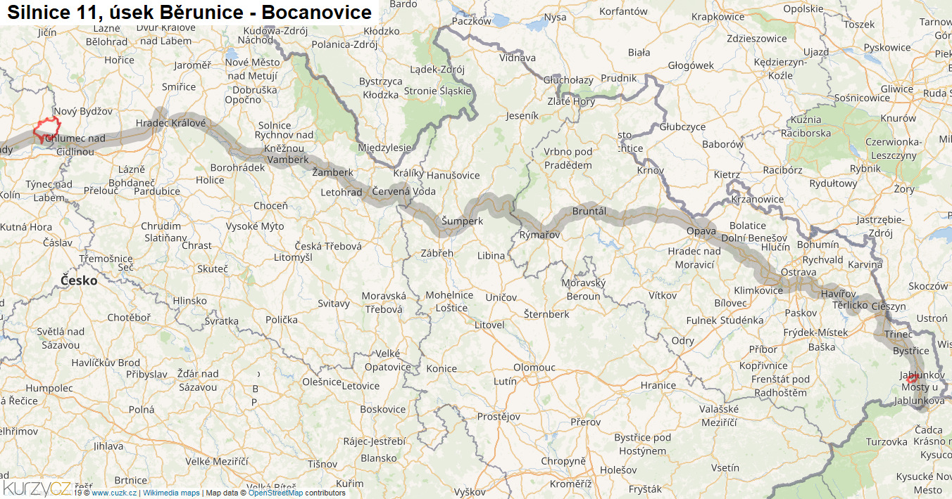 Úsek Běrunice - Bocanovice, Silnice 11 - Mapa
