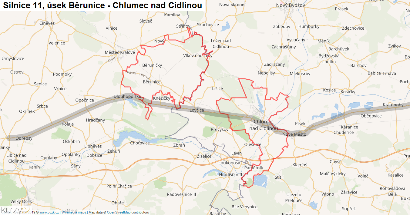 Úsek Běrunice - Chlumec nad Cidlinou, Silnice 11 - Mapa