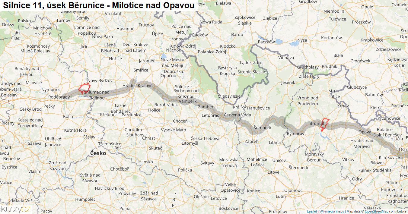 Úsek Běrunice - Milotice nad Opavou, Silnice 11 - Mapa