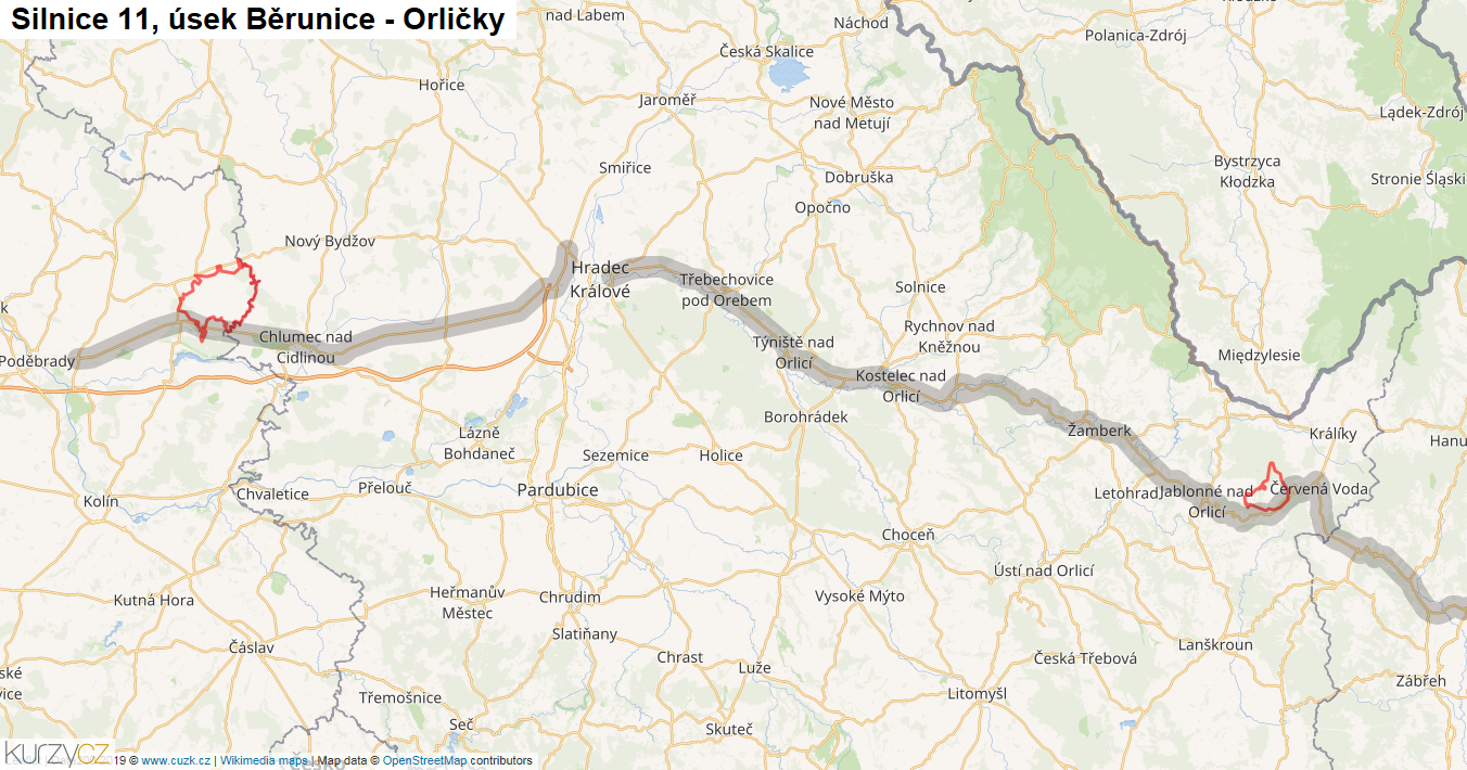 Úsek Běrunice - Orličky, Silnice 11 - Mapa