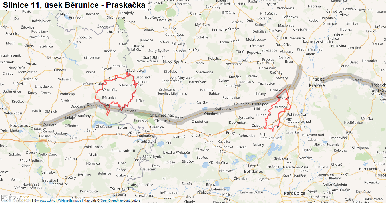Úsek Běrunice - Praskačka, Silnice 11 - Mapa