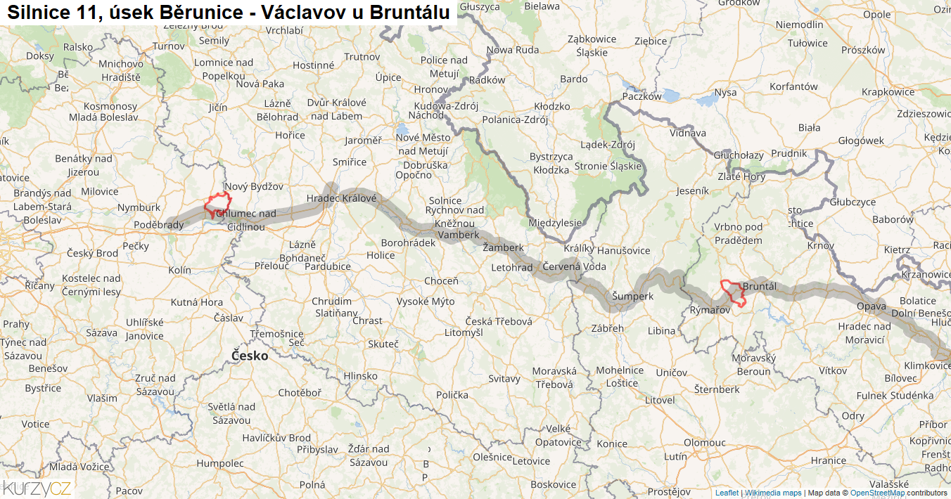 Úsek Běrunice - Václavov u Bruntálu, Silnice 11 - Mapa