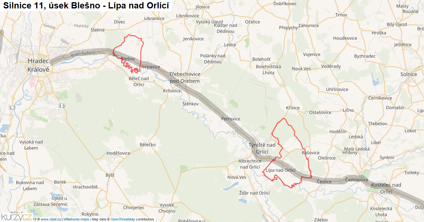 Úsek Blešno - Lípa nad Orlicí, Silnice 11 - Mapa